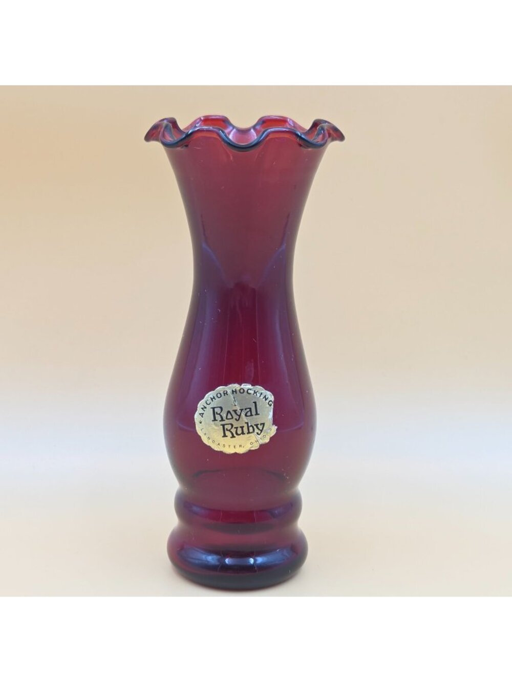 Anchor Hocking Royal Ruby Red Glass Bud Vase Ruffled Rim Original Label